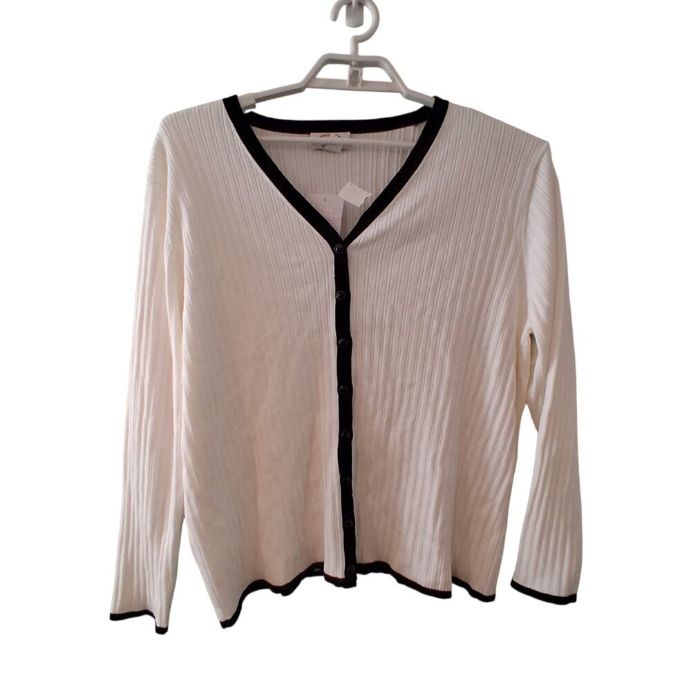 Talbots nwt cardigan sweater  2X white black classic ribbed pima cotton blend